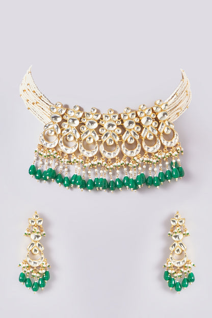 Gold Plated Kundan Polki & Handcrafted Green Stones Choker Necklace Set