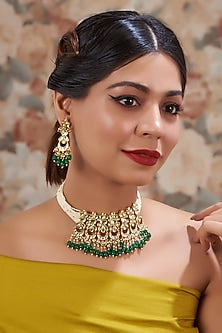 Gold Plated Kundan Polki & Handcrafted Green Stones Choker Necklace Set