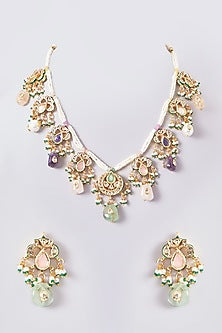 Gold Plated Kundan Polki & Handcrafted Navratna Stones Long Necklace Set