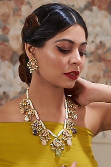 Gold Plated Kundan Polki & Handcrafted Navratna Stones Long Necklace Set