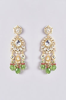 Gold Plated Kundan Polki & Handcrafted Green Stones Chandbali Earrings