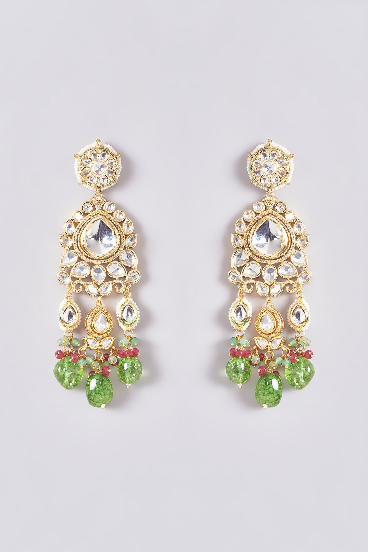 Gold Plated Kundan Polki & Handcrafted Green Stones Chandbali Earrings