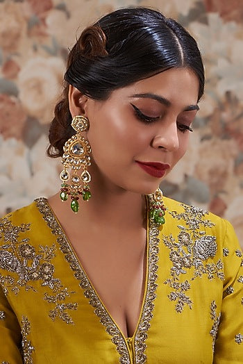 Gold Plated Kundan Polki & Handcrafted Green Stones Chandbali Earrings