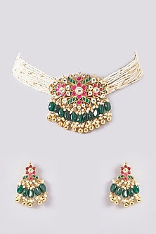Gold Plated Kundan Polki & Handcrafted Green Stones Choker Necklace Set