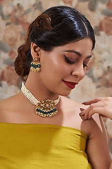 Gold Plated Kundan Polki & Handcrafted Green Stones Choker Necklace Set