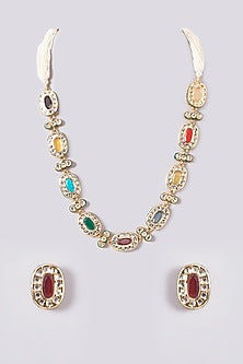 Gold Plated Kundan Polki & Handcrafted Navratna Stones Long Necklace Set