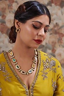 Gold Plated Kundan Polki & Handcrafted Navratna Stones Long Necklace Set