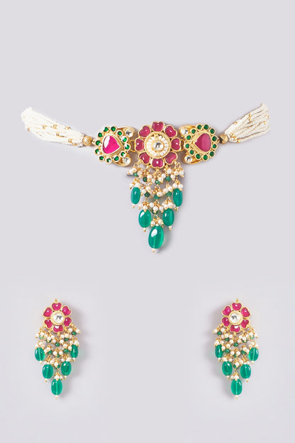 Gold Plated Kundan Polki & Handcrafted Green Stones Choker Necklace Set