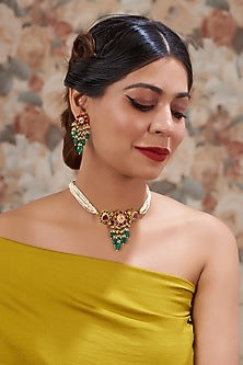 Gold Plated Kundan Polki & Handcrafted Green Stones Choker Necklace Set