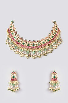 Gold Plated Kundan Polki & Handcrafted Green Stones Necklace Set