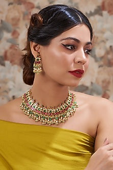 Gold Plated Kundan Polki & Handcrafted Green Stones Necklace Set