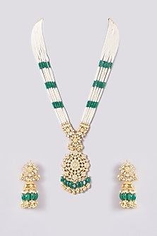 Gold Plated Kundan Polki & Handcrafted Green Stones Long Necklace Set