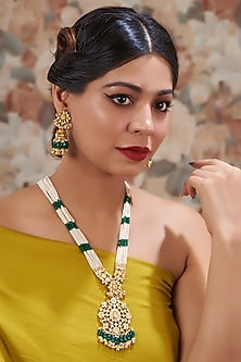 Gold Plated Kundan Polki & Handcrafted Green Stones Long Necklace Set
