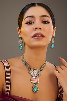Gold Finish Green Kundan Polki Long Necklace Set