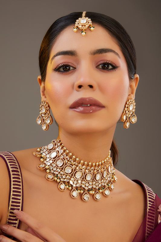 Gold Finish Kundan Polki Choker Necklace Set