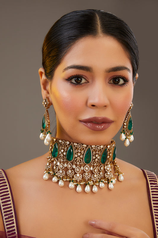 Gold Finish Green Kundan Polki & Stone Choker Necklace Set