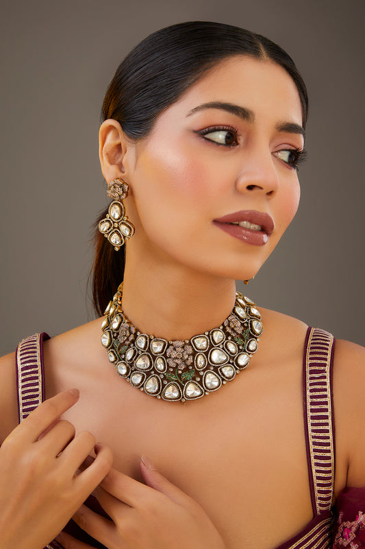 Gold Finish Kundan Polki Necklace Set