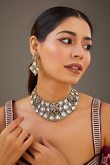 Gold Finish Kundan Polki Necklace Set