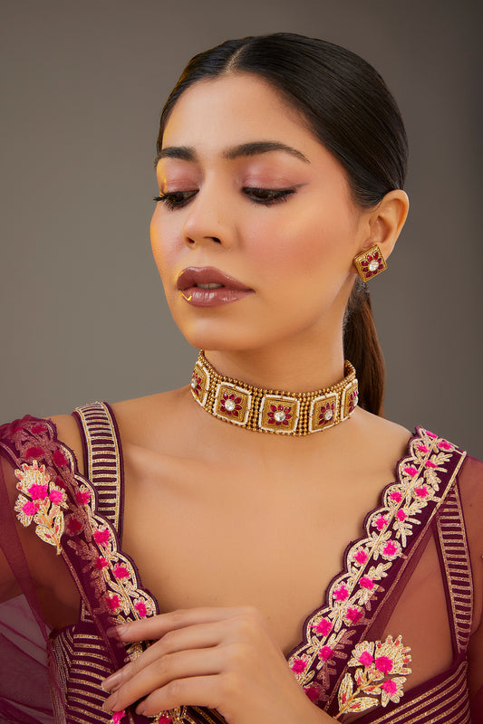 Gold Finish Red Kundan Polki Choker Necklace Set