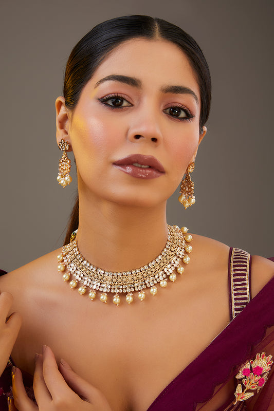 Gold Finish Kundan Polki & Beaded Choker Necklace Set