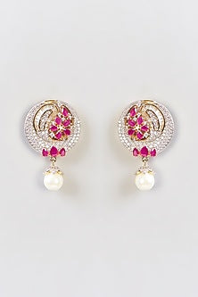 White Finish Pink American Diamond & Zircon Stud Earrings