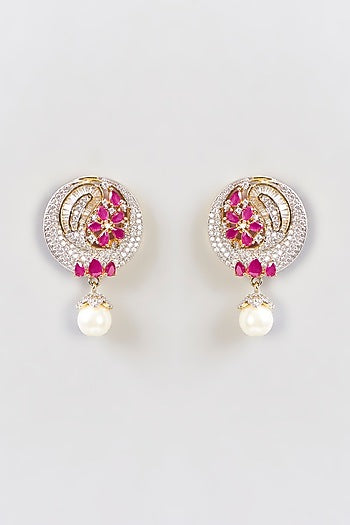White Finish Pink American Diamond & Zircon Stud Earrings