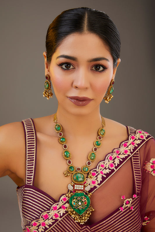 Gold Finish Turquoise Blue Stone & Kundan Polki Long Necklace Set