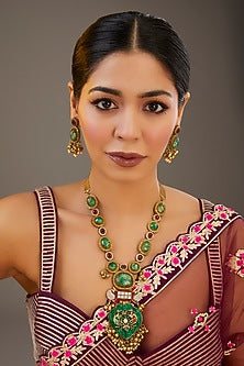 Gold Finish Turquoise Blue Stone & Kundan Polki Long Necklace Set