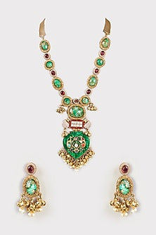 Gold Finish Turquoise Blue Stone & Kundan Polki Long Necklace Set