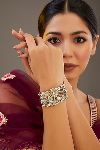 Gold Finish Kundan Polki Floral Openable Bangle
