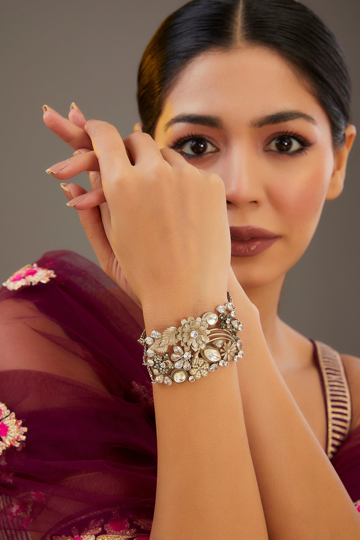 Gold Finish Kundan Polki Floral Openable Bangle
