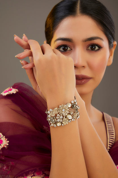 Gold Finish Kundan Polki Floral Openable Bangle