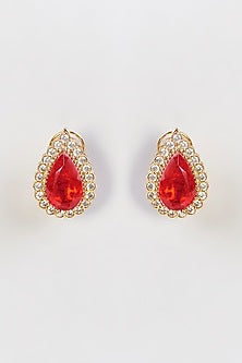 White Finish Red Zircon & Cubic Zirconia Stud Earrings