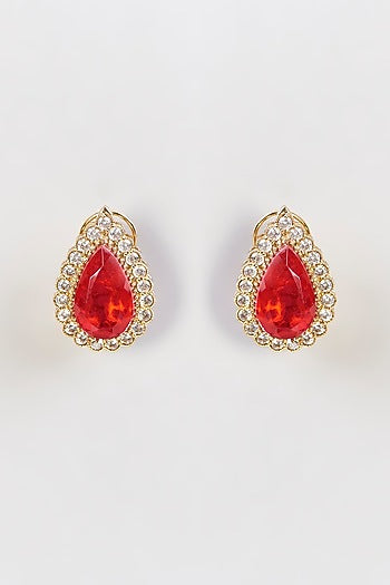 White Finish Red Zircon & Cubic Zirconia Stud Earrings