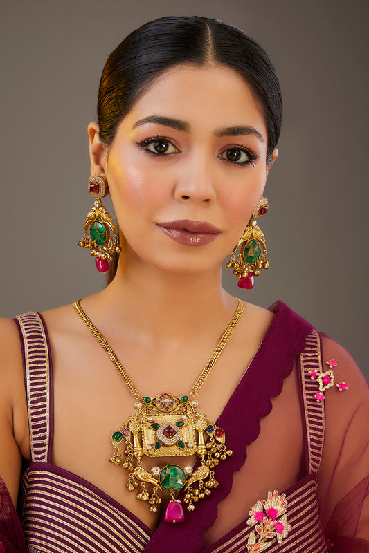 Gold Finish Green Kundan Polki Long Necklace Set