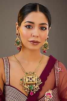 Gold Finish Green Kundan Polki Long Necklace Set