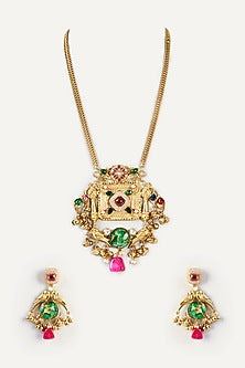 Gold Finish Green Kundan Polki Long Necklace Set