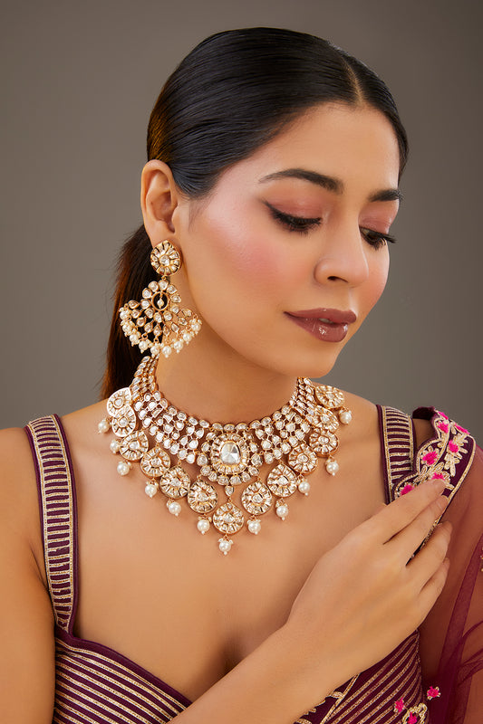 Gold Finish Kundan Polki Necklace Set