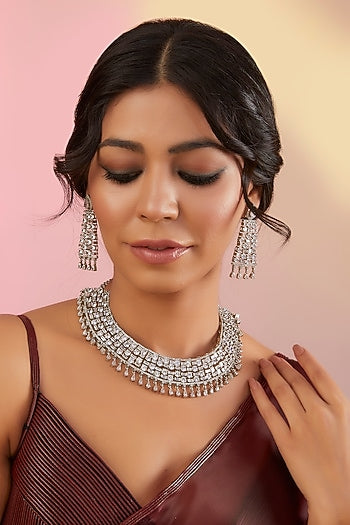 White Rhodium Finish American Diamond & Zircon Necklace Set