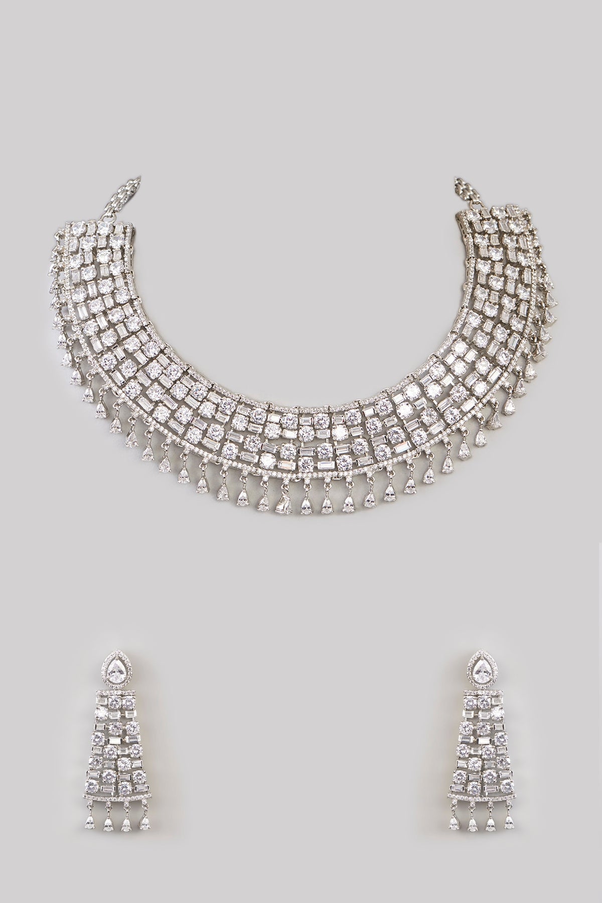 White Rhodium Finish American Diamond & Zircon Necklace Set