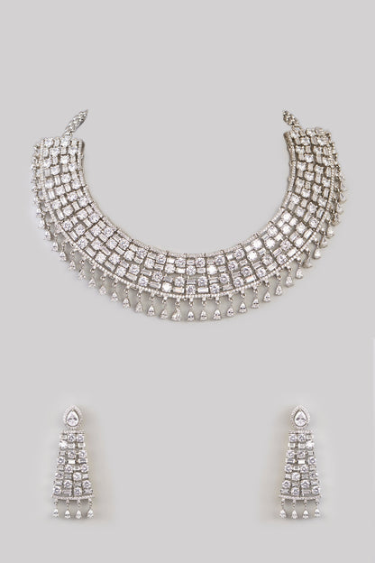 White Rhodium Finish American Diamond & Zircon Necklace Set