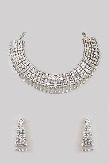 White Rhodium Finish American Diamond & Zircon Necklace Set