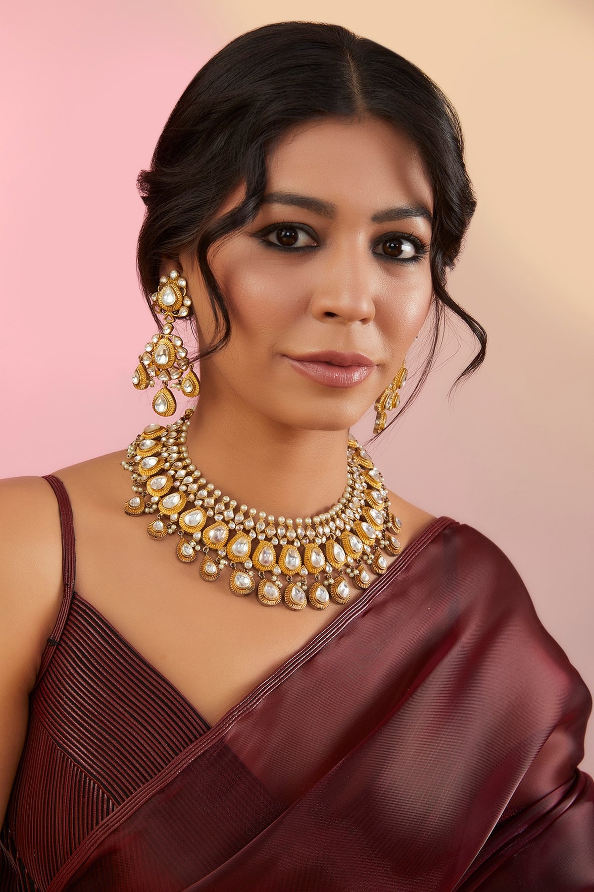 Gold Plated Kundan Polki & Green Stone Necklace Set