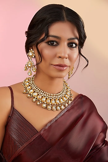 Gold Plated Kundan Polki & Green Stone Necklace Set