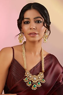 Gold Plated Kundan Polki & Green Stone Long Necklace Set