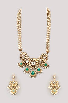 Gold Plated Kundan Polki & Green Stone Long Necklace Set
