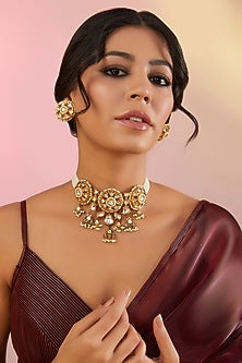 Gold Plated Kundan Polki & Stone Choker Necklace Set