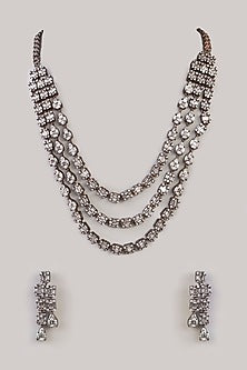 White Rhodium Finish American Diamond & Zircon Layered Necklace Set