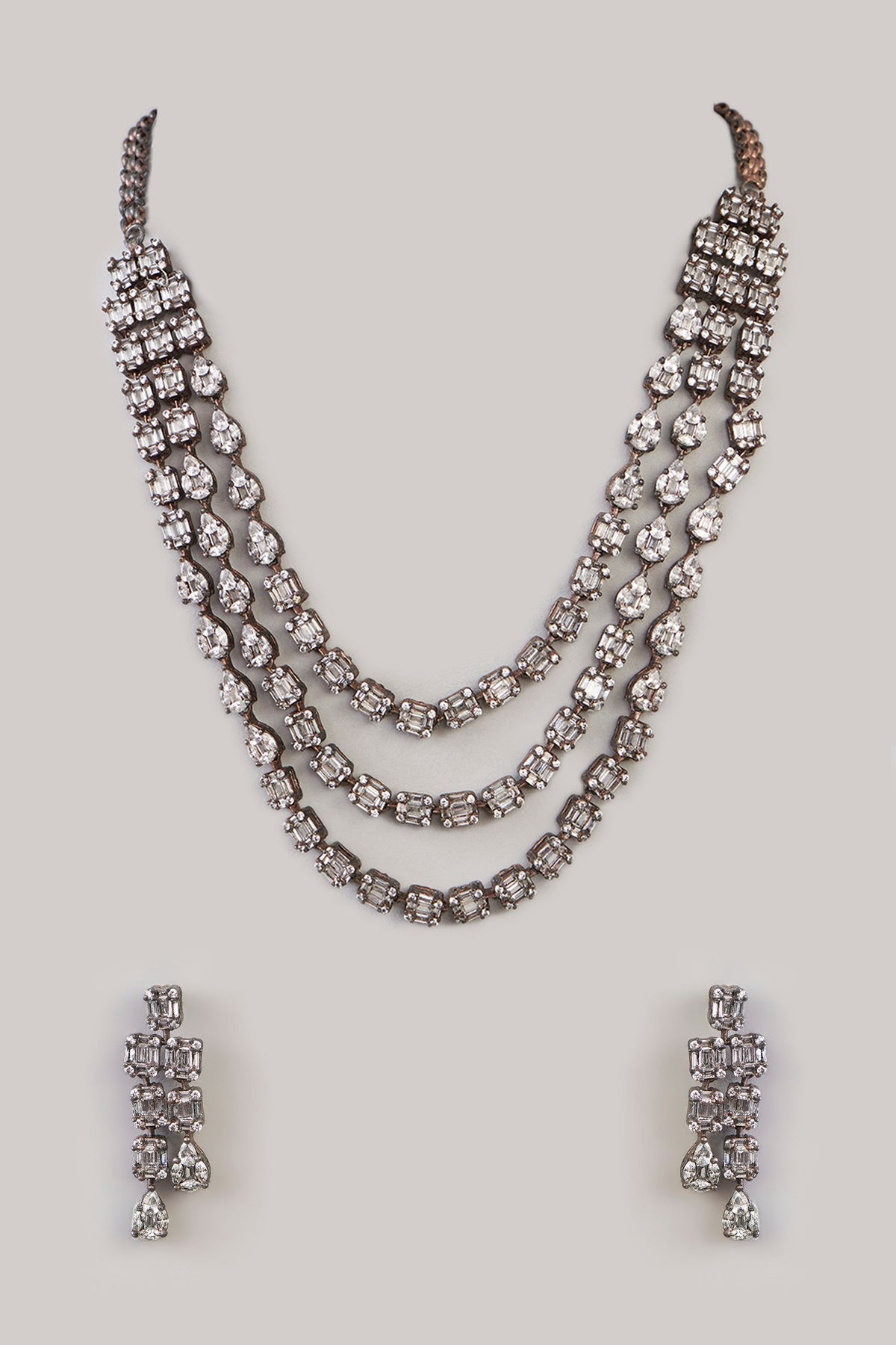 White Rhodium Finish American Diamond & Zircon Layered Necklace Set