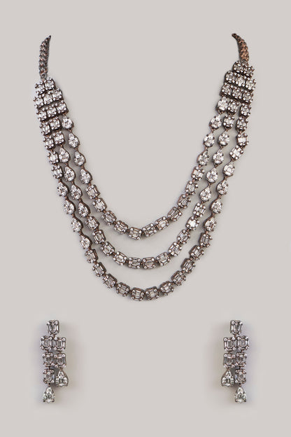 White Rhodium Finish American Diamond & Zircon Layered Necklace Set